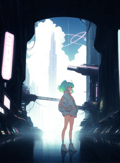 girl, cityscape, futuristic