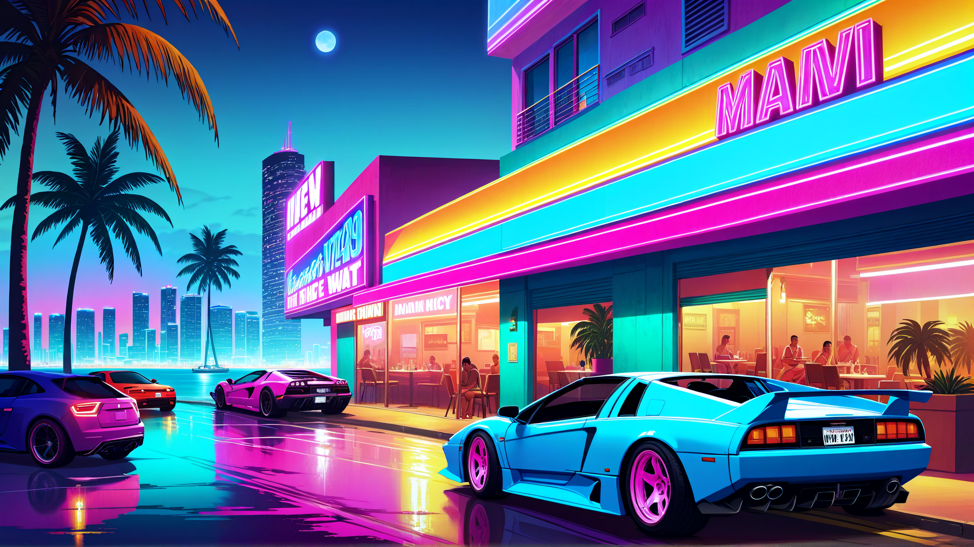 AI generated wallpaper featuring cars, neon, palm trees, restaurant, city