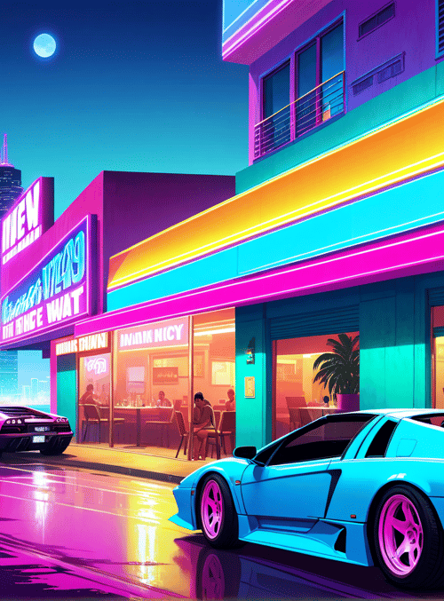 cars, neon, palm trees, restaurant, city