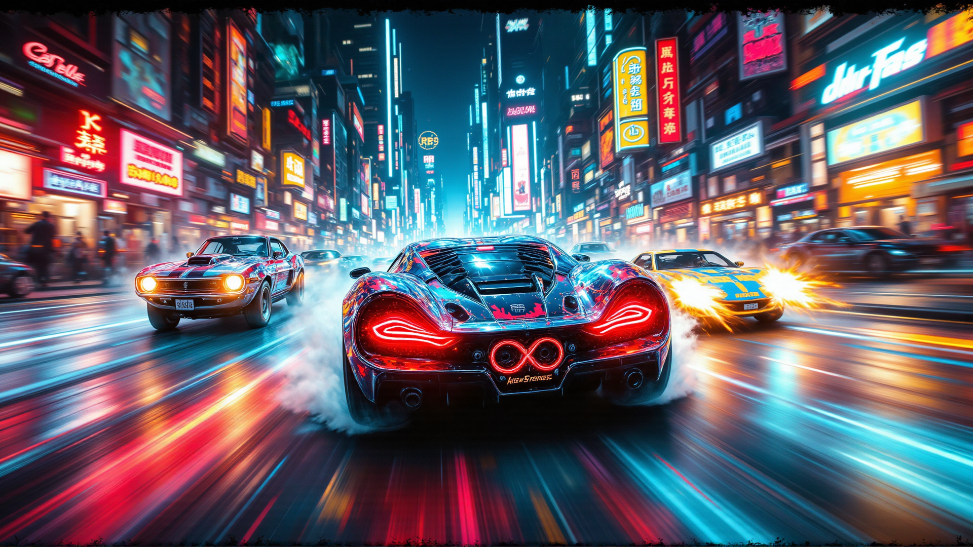 AI generated wallpaper featuring cars, city, neon