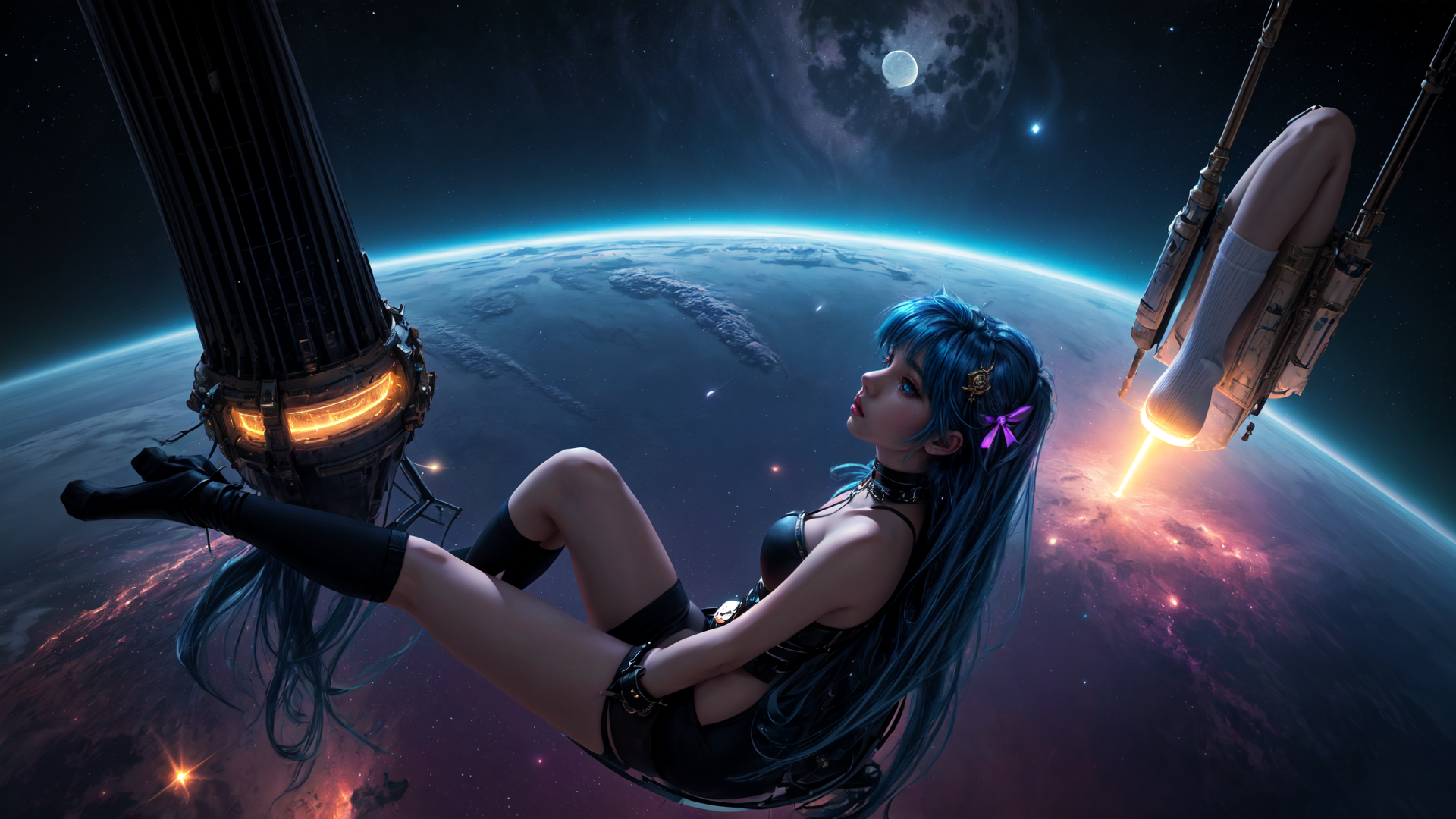AI generated wallpaper featuring woman, spaceship, moon, earth, space station