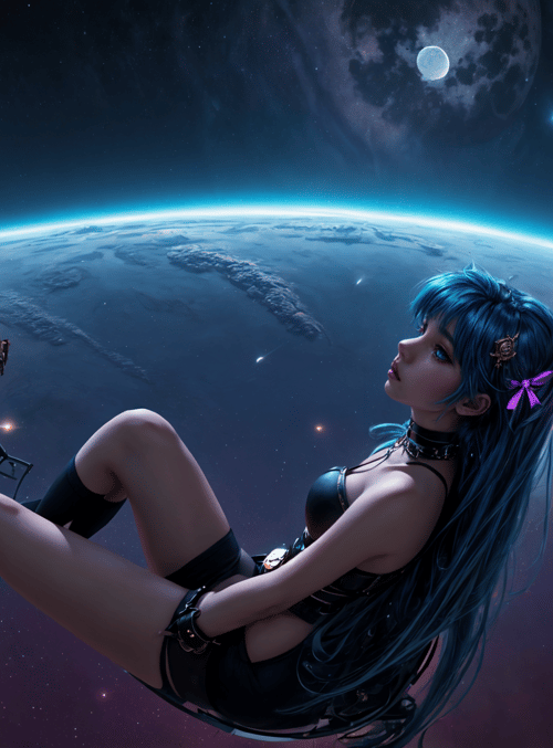 woman, spaceship, moon, earth, space station