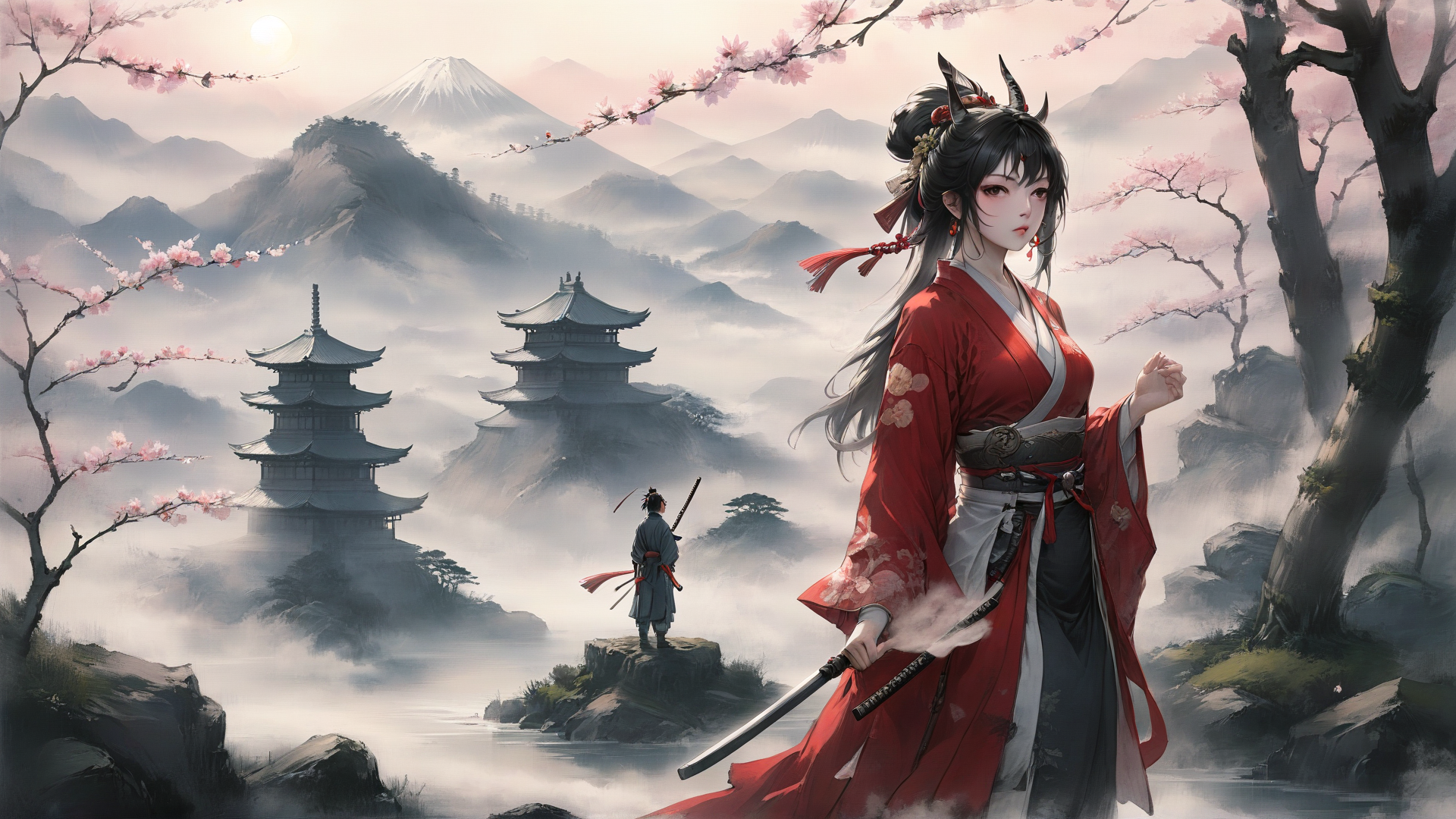 AI generated wallpaper featuring samurai, woman, cherry blossom, mountain, pagoda, sword, sun, tree, cloud, rock