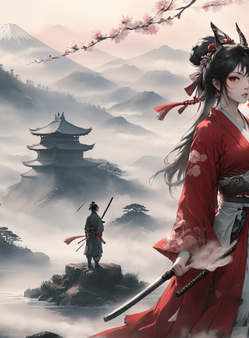 samurai, woman, cherry blossom, mountain, pagoda, sword, sun, tree, cloud, rock