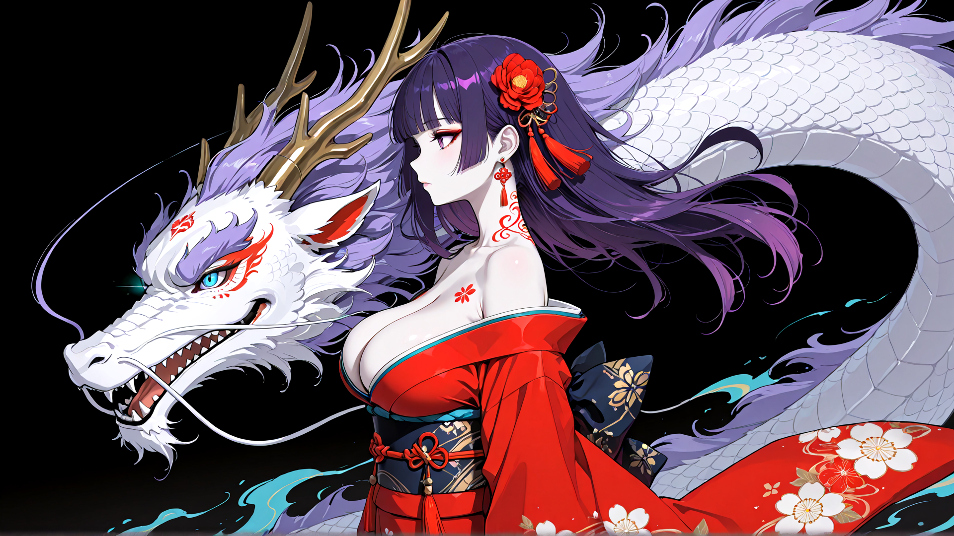 AI generated wallpaper featuring dragon, woman, deer, hair, kimono