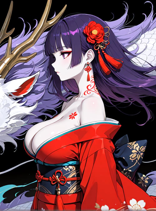 dragon, woman, deer, hair, kimono