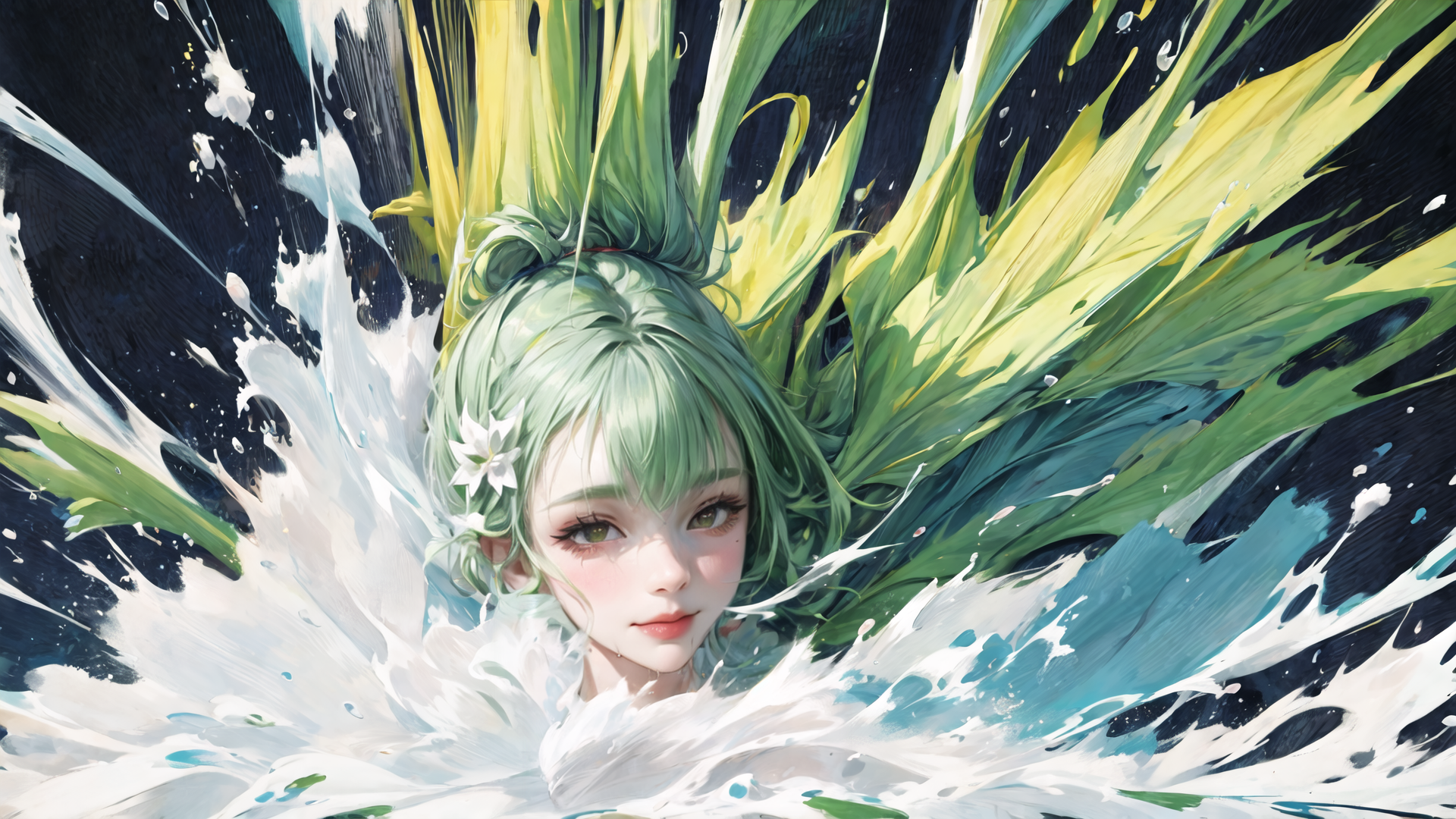 AI generated wallpaper featuring girl, waves, leaves