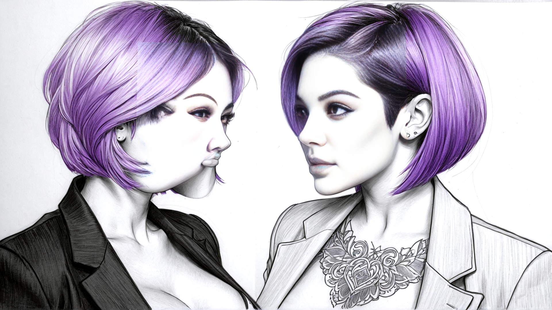 AI generated wallpaper featuring woman, hair, tattoo, jacket, earring, portrait, shoulder, neck, face, ear