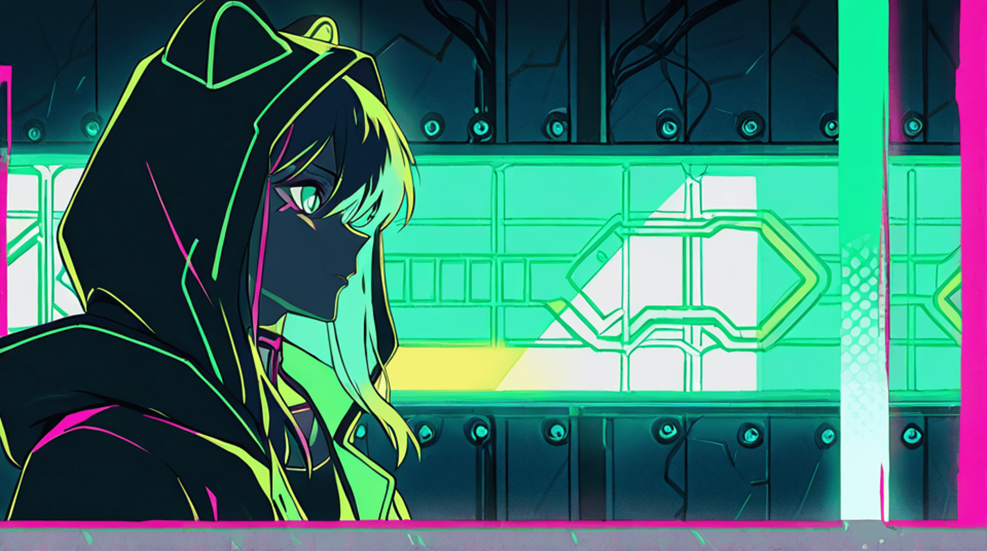 AI generated wallpaper featuring girl, hoodie, neon