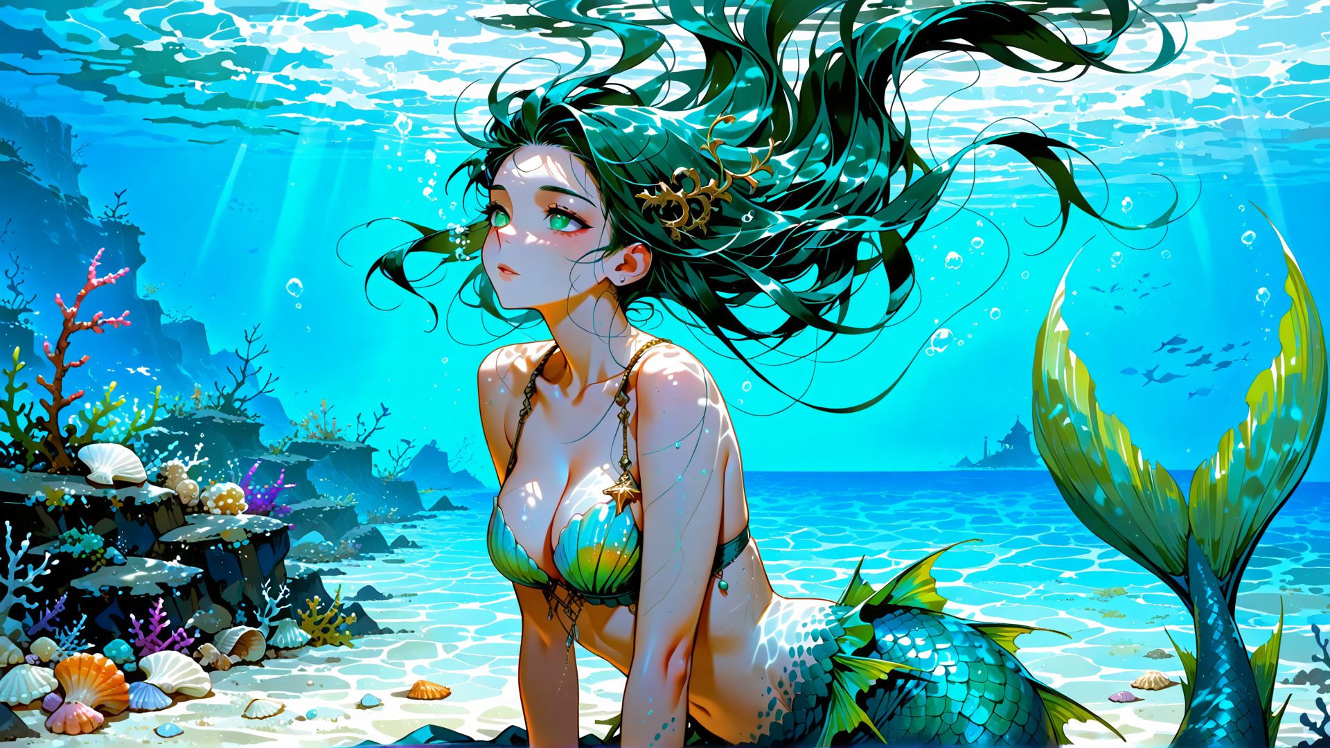 AI generated wallpaper featuring mermaid, seaweed, coral, fish, shells, sunlight, ocean, scales, water, bubbles