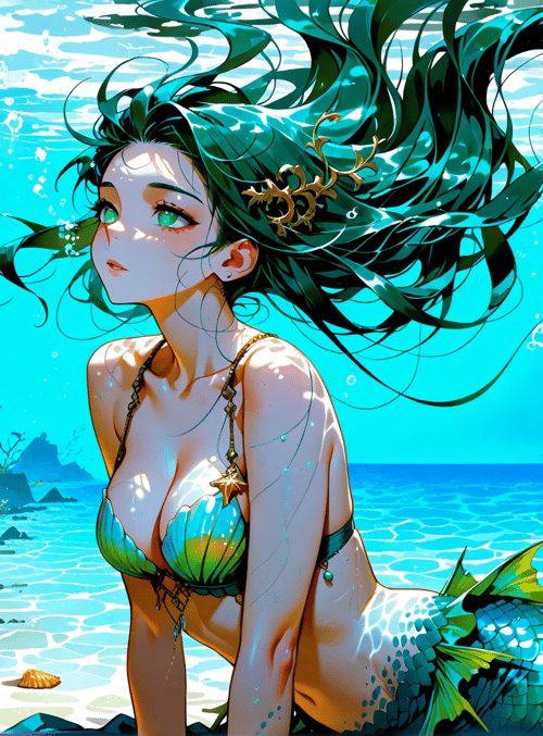 mermaid, seaweed, coral, fish, shells, sunlight, ocean, scales, water, bubbles