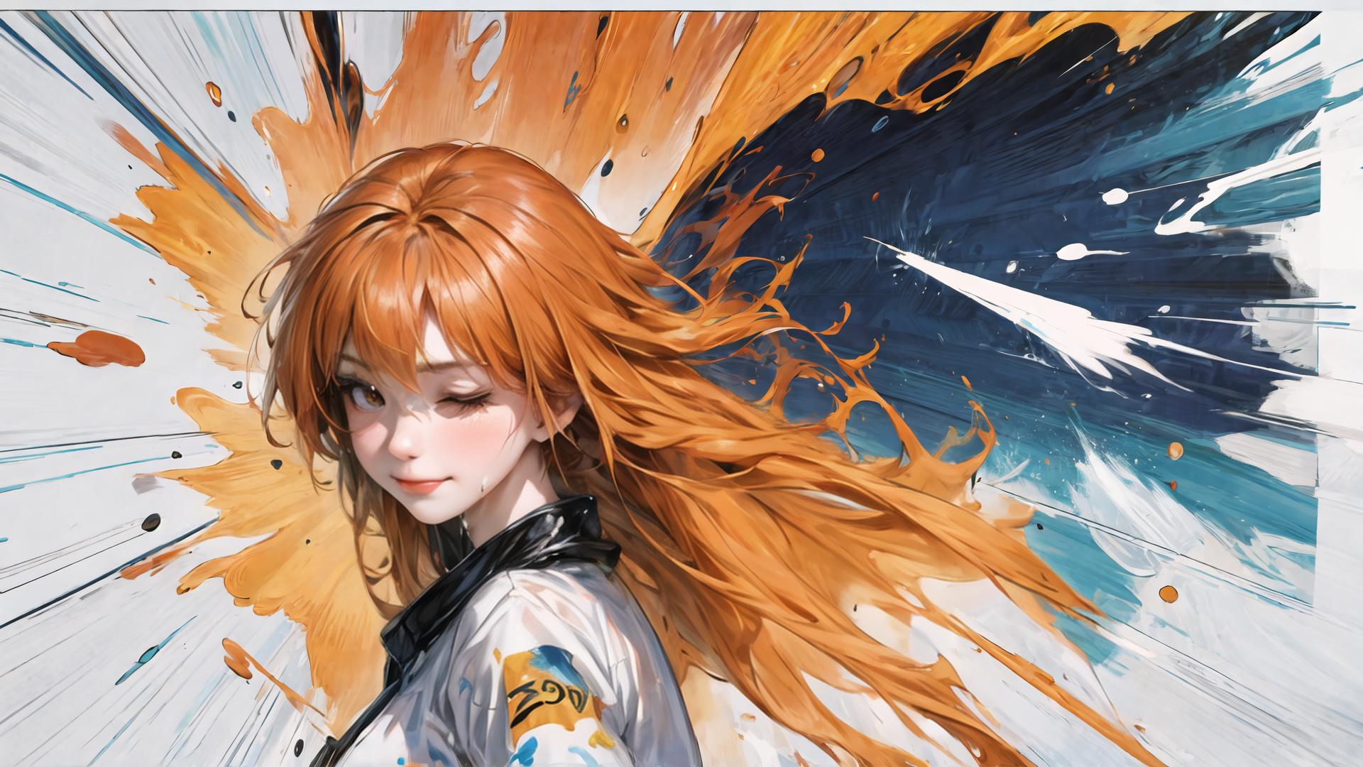 AI generated wallpaper featuring girl, hair, paint, splatter, jacket
