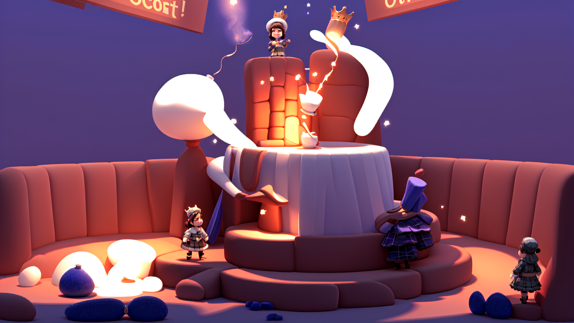 AI generated wallpaper featuring characters, cake, crown, light, bubbles, sitting, decorations, buns, balls, cups