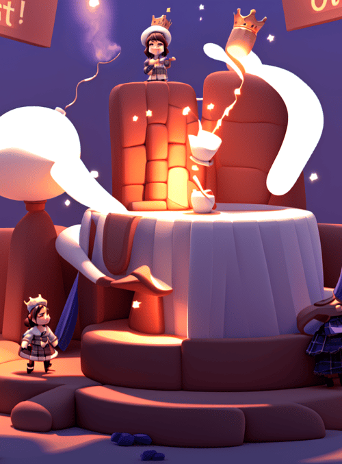 characters, cake, crown, light, bubbles, sitting, decorations, buns, balls, cups