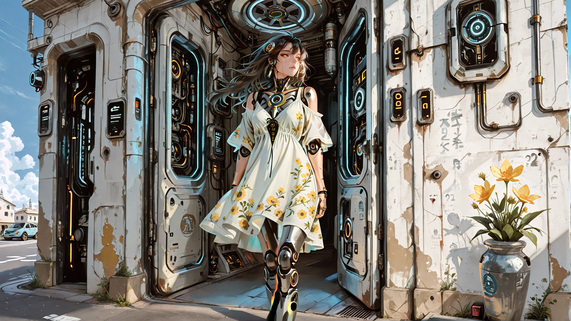AI generated wallpaper featuring cyborg, woman, dress, building, flowers, vase, doors, sensors, city, street