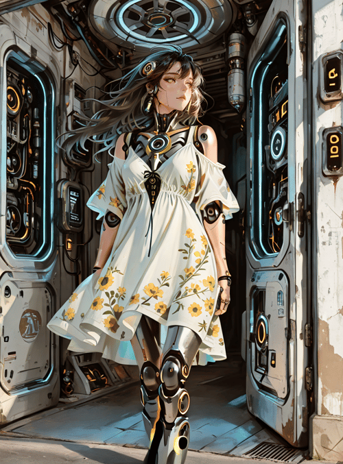 cyborg, woman, dress, building, flowers, vase, doors, sensors, city, street