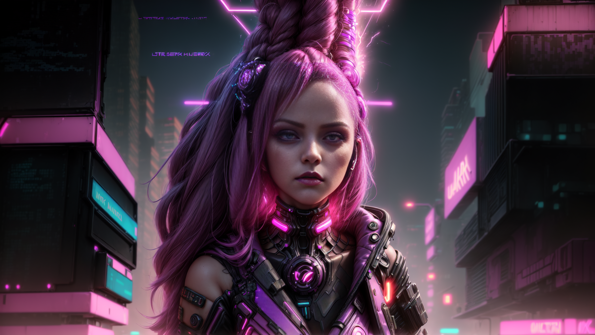 AI generated wallpaper featuring cyberpunk woman, neon, city