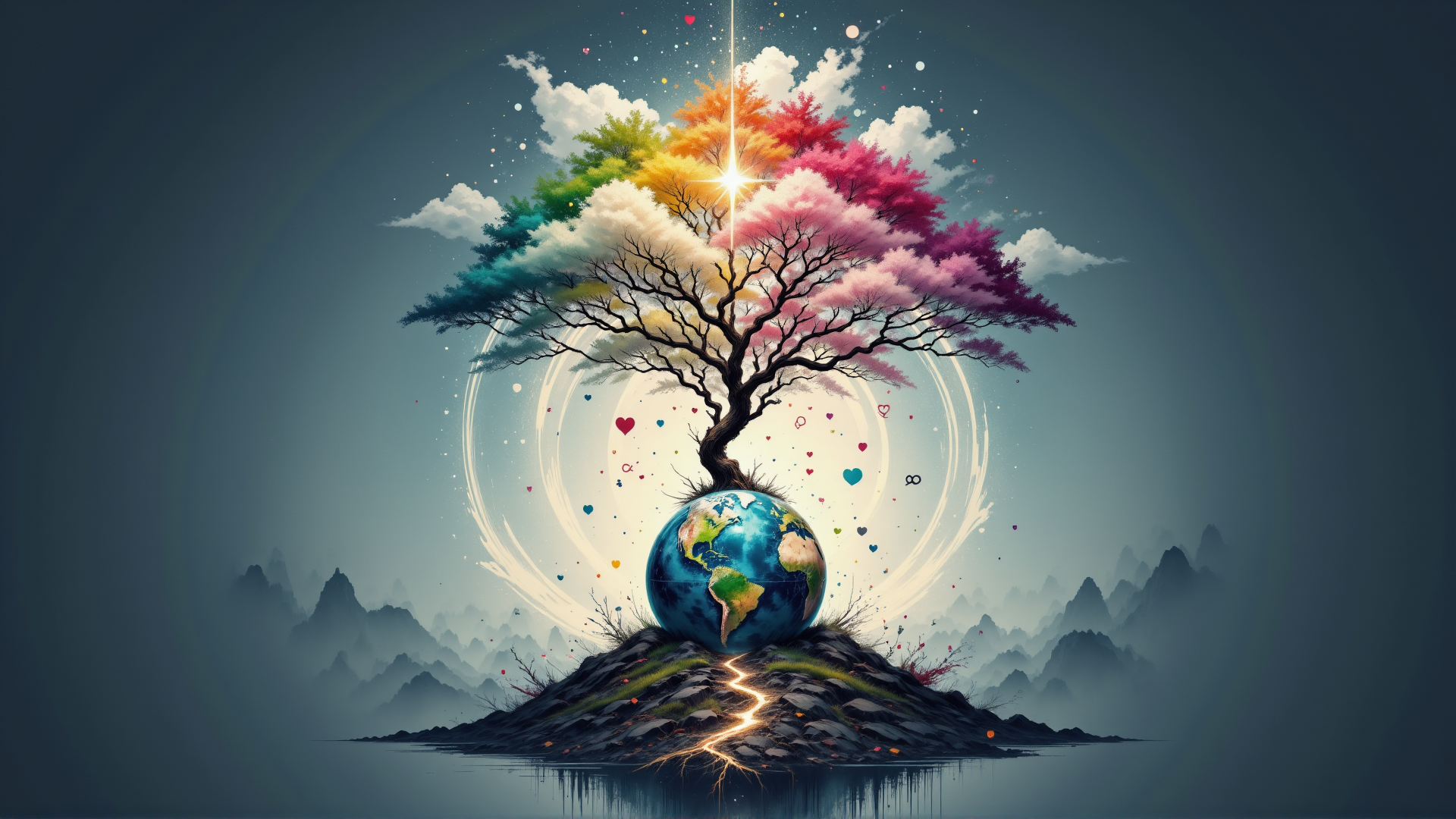 AI generated wallpaper featuring tree, earth, mountains