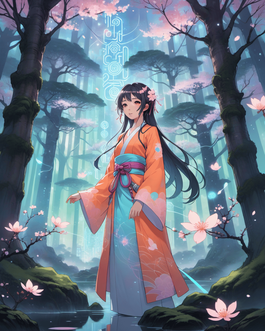 AI generated wallpaper featuring woman, cherry blossom, forest