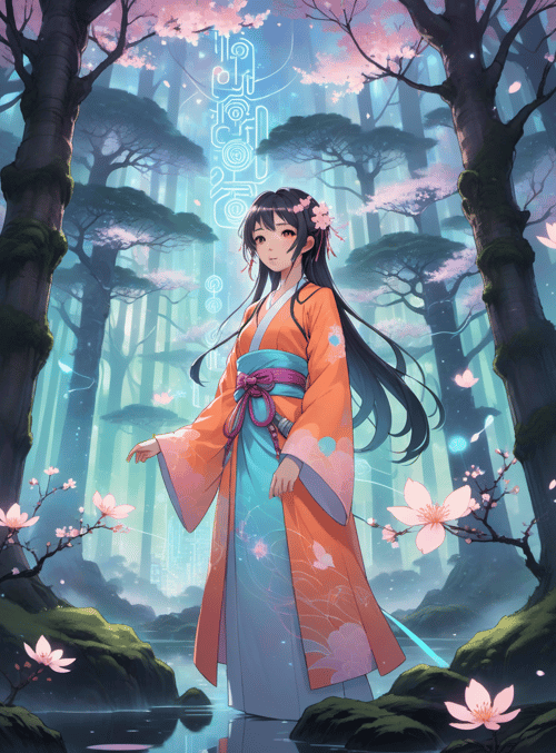 woman, cherry blossom, forest