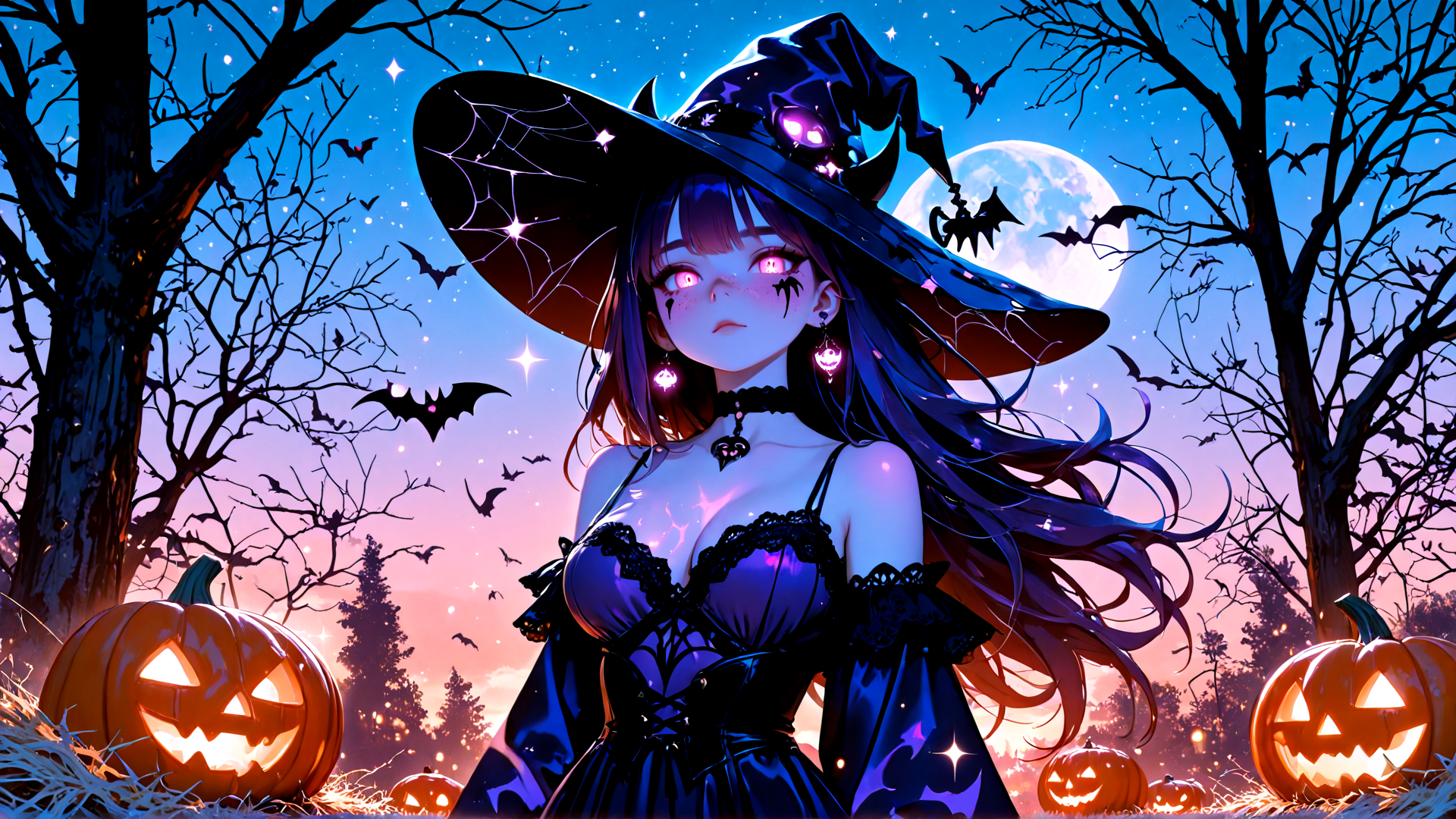 AI generated wallpaper featuring witch, pumpkin, bat, tree, moon, stars
