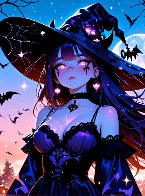 witch, pumpkin, bat, tree, moon, stars
