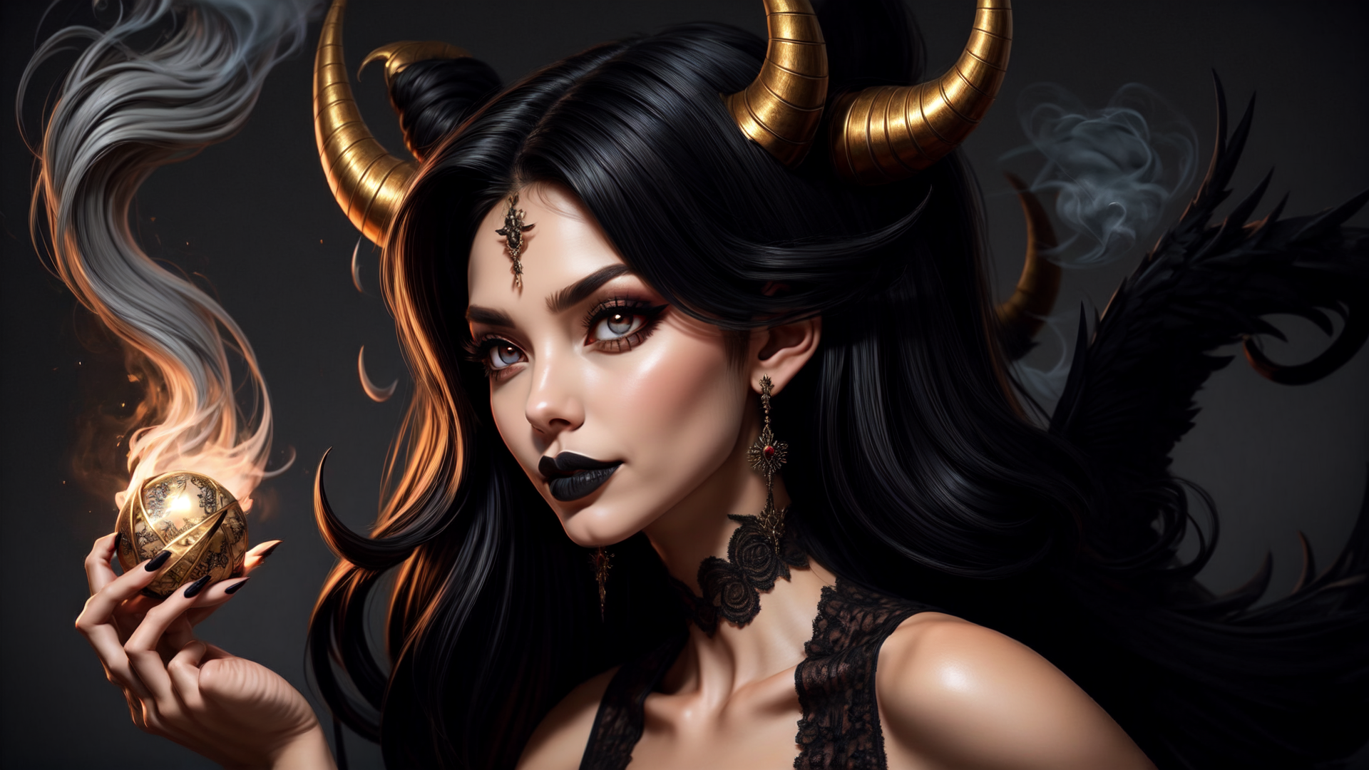 AI generated wallpaper featuring woman, bull horns, crystal ball, black wings, lace dress, freckles, choker, earrings, long hair, smoke
