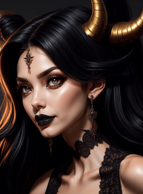 woman, bull horns, crystal ball, black wings, lace dress, freckles, choker, earrings, long hair, smoke