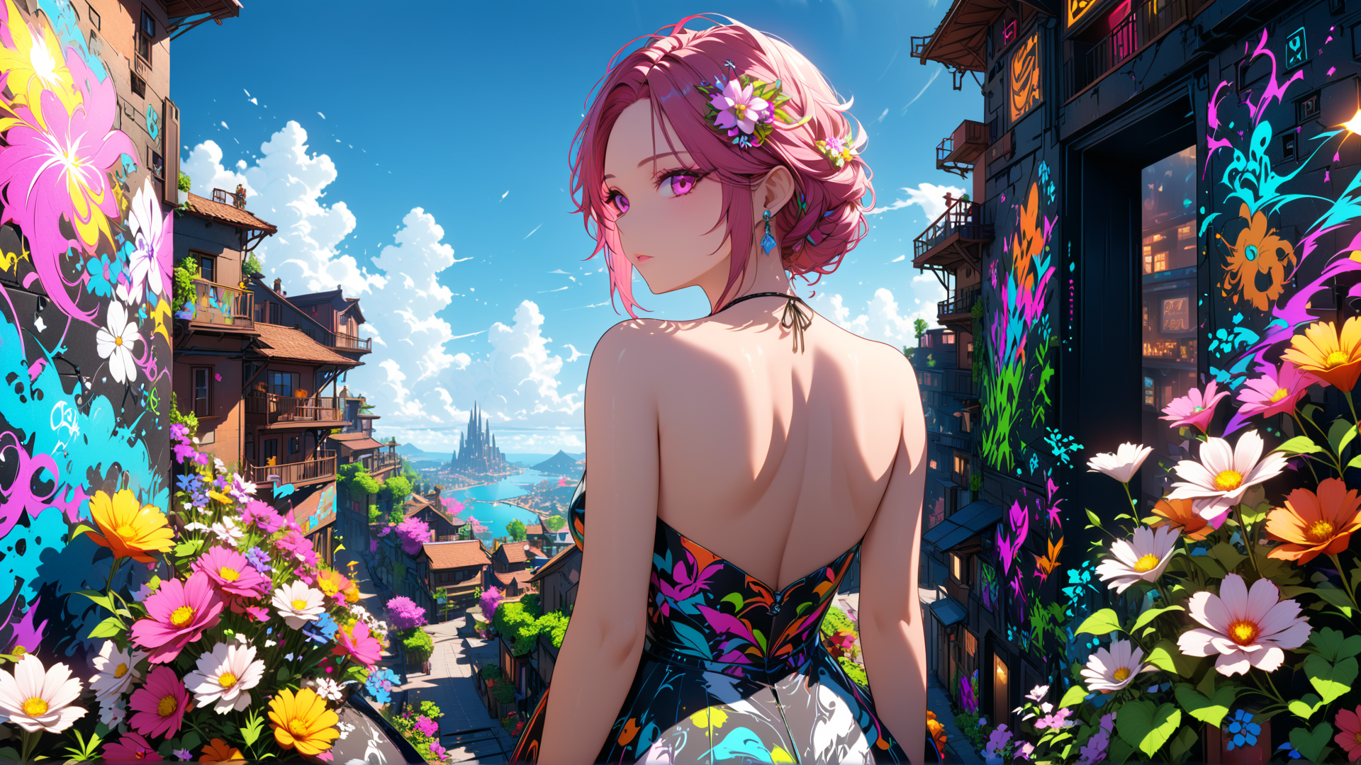 AI generated wallpaper featuring woman, flowers, cityscape