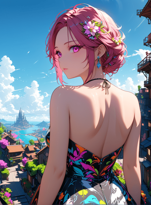 woman, flowers, cityscape