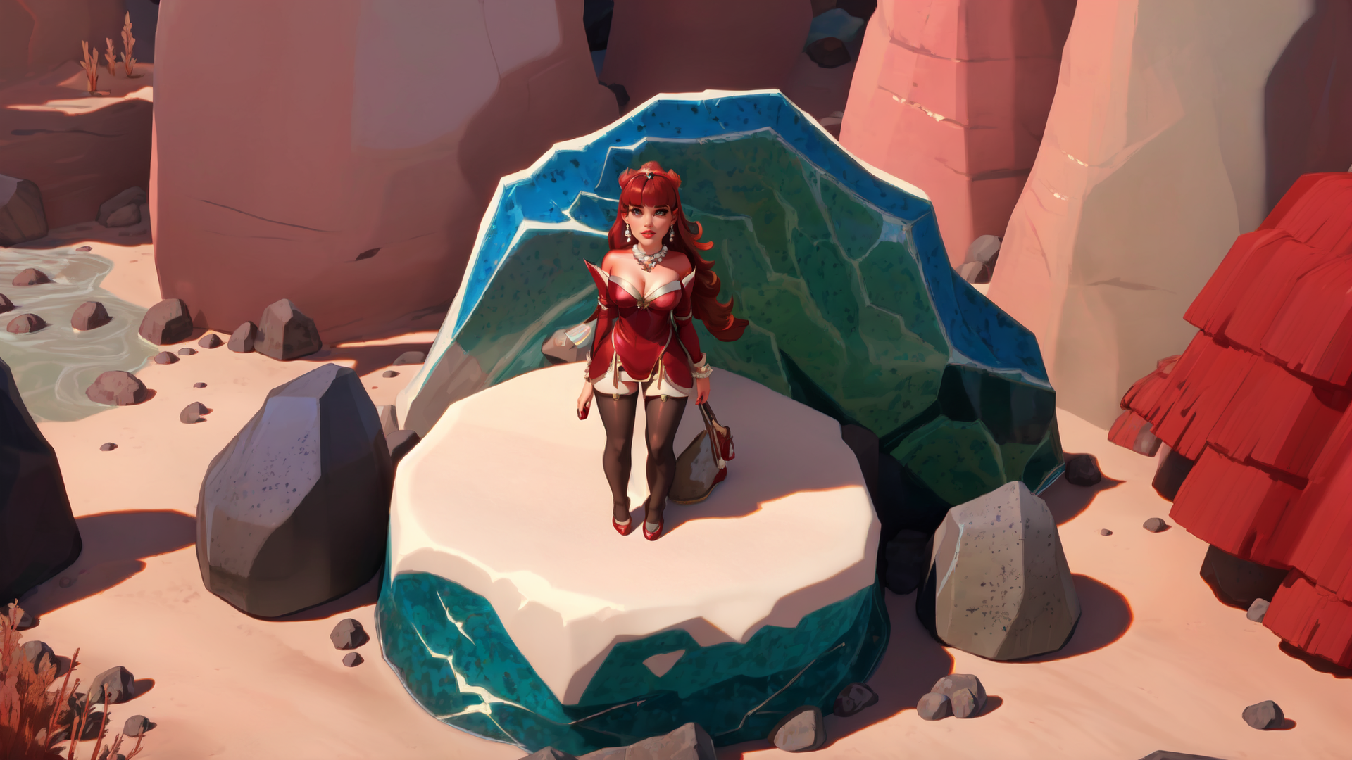 AI generated wallpaper featuring woman, crystal, desert, rocks, tree