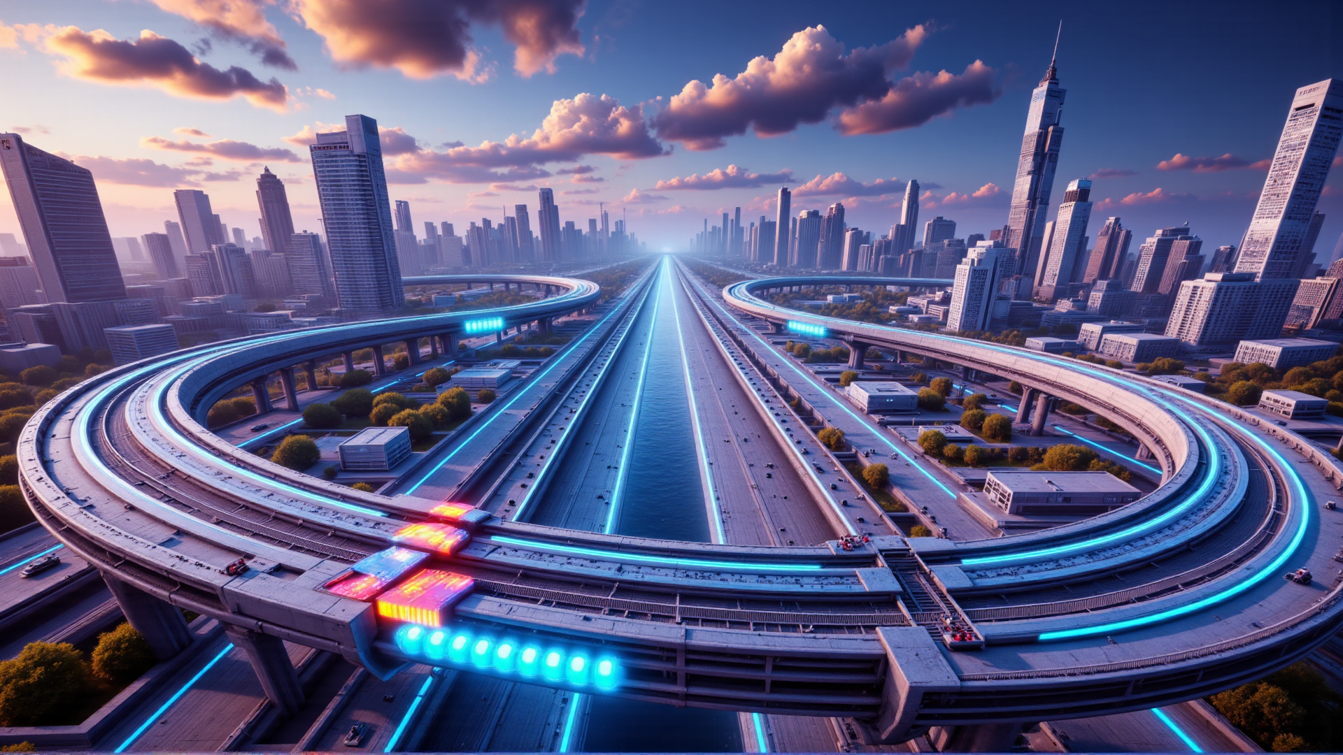 AI generated wallpaper featuring city, highway, skyscrapers