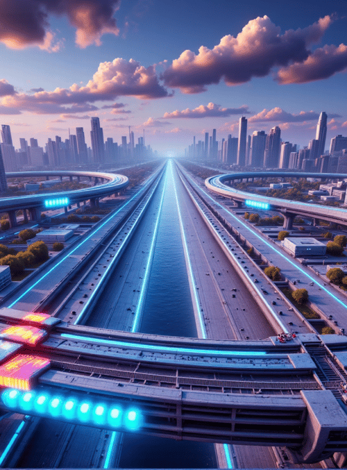city, highway, skyscrapers
