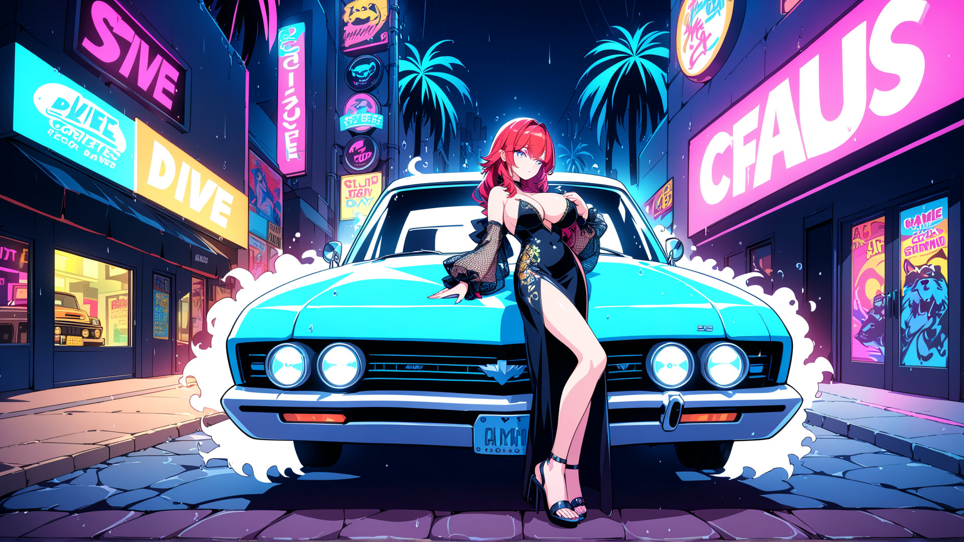 AI generated wallpaper featuring woman, car, neon