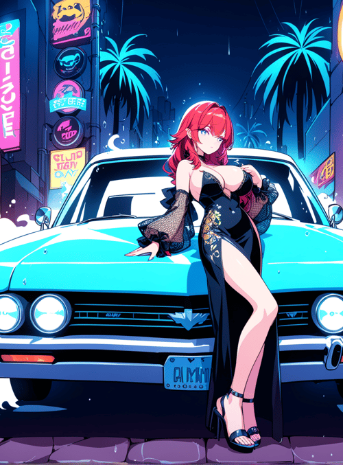 woman, car, neon