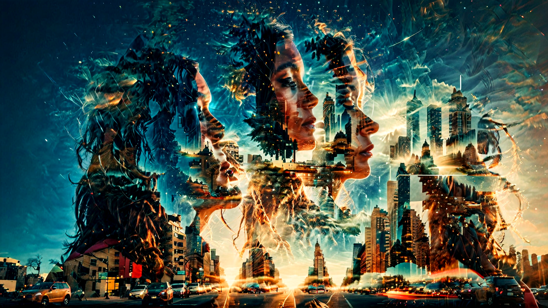 AI generated wallpaper featuring city, woman, face, buildings, street, light