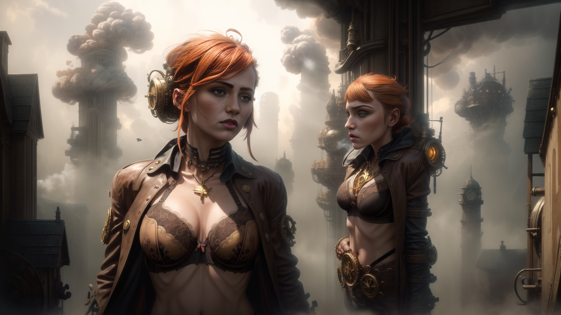 AI generated wallpaper featuring women, steampunk, cityscape