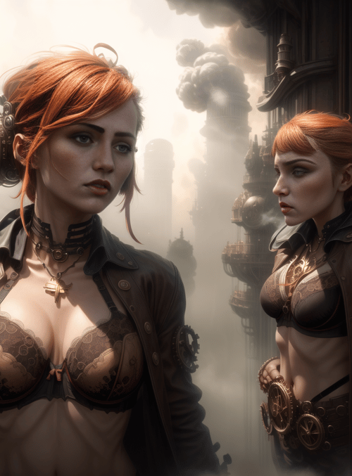 women, steampunk, cityscape