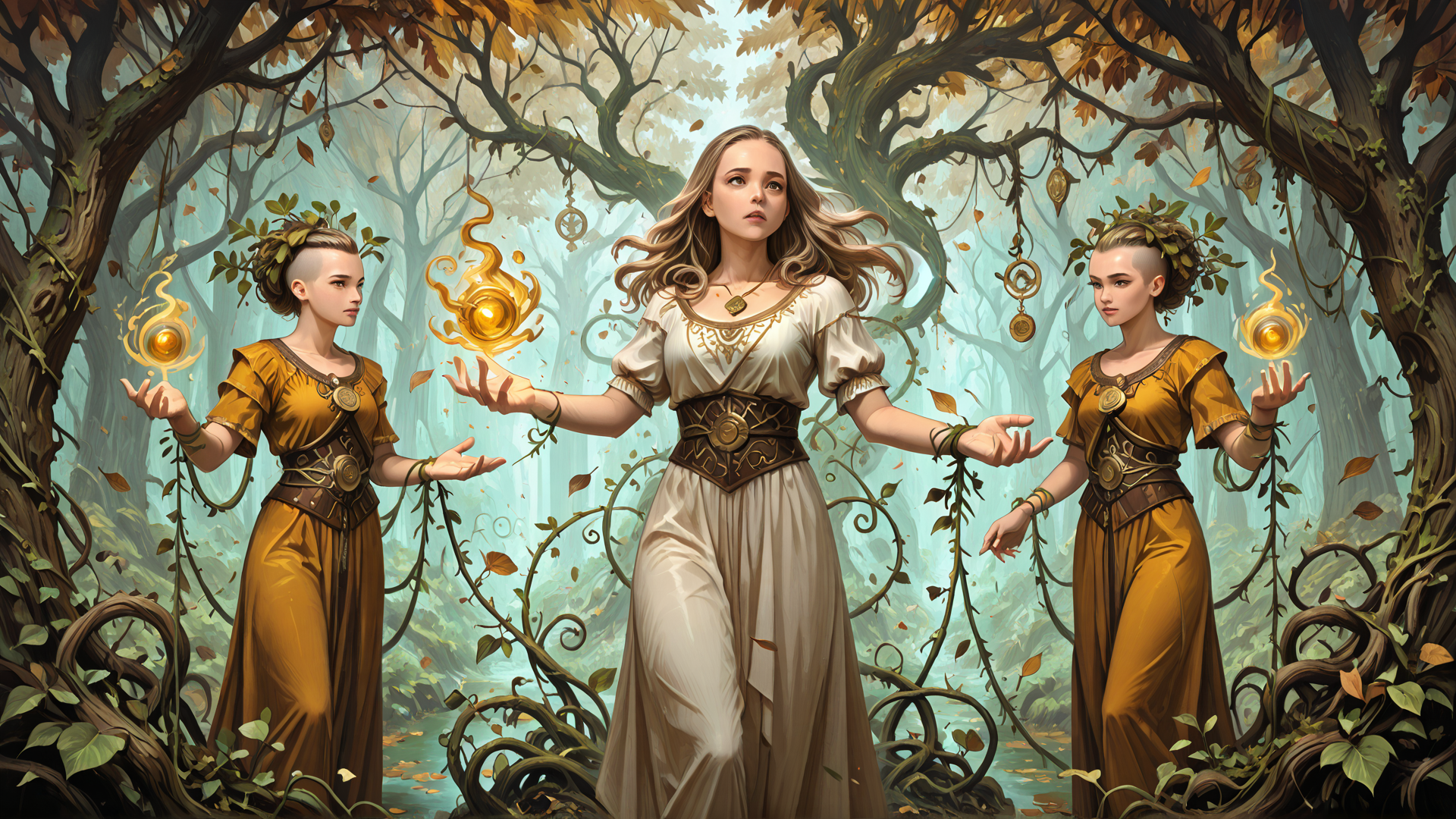 AI generated wallpaper featuring women, trees, forest, fire, magic