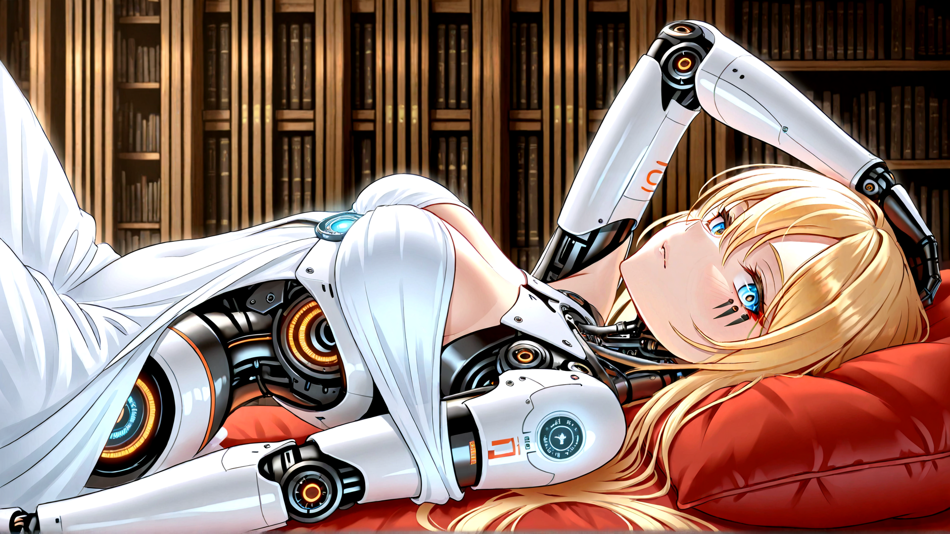 AI generated wallpaper featuring robot, anime girl, bookshelf, red cushion, mechanical arm