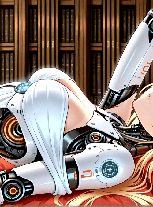 robot, anime girl, bookshelf, red cushion, mechanical arm
