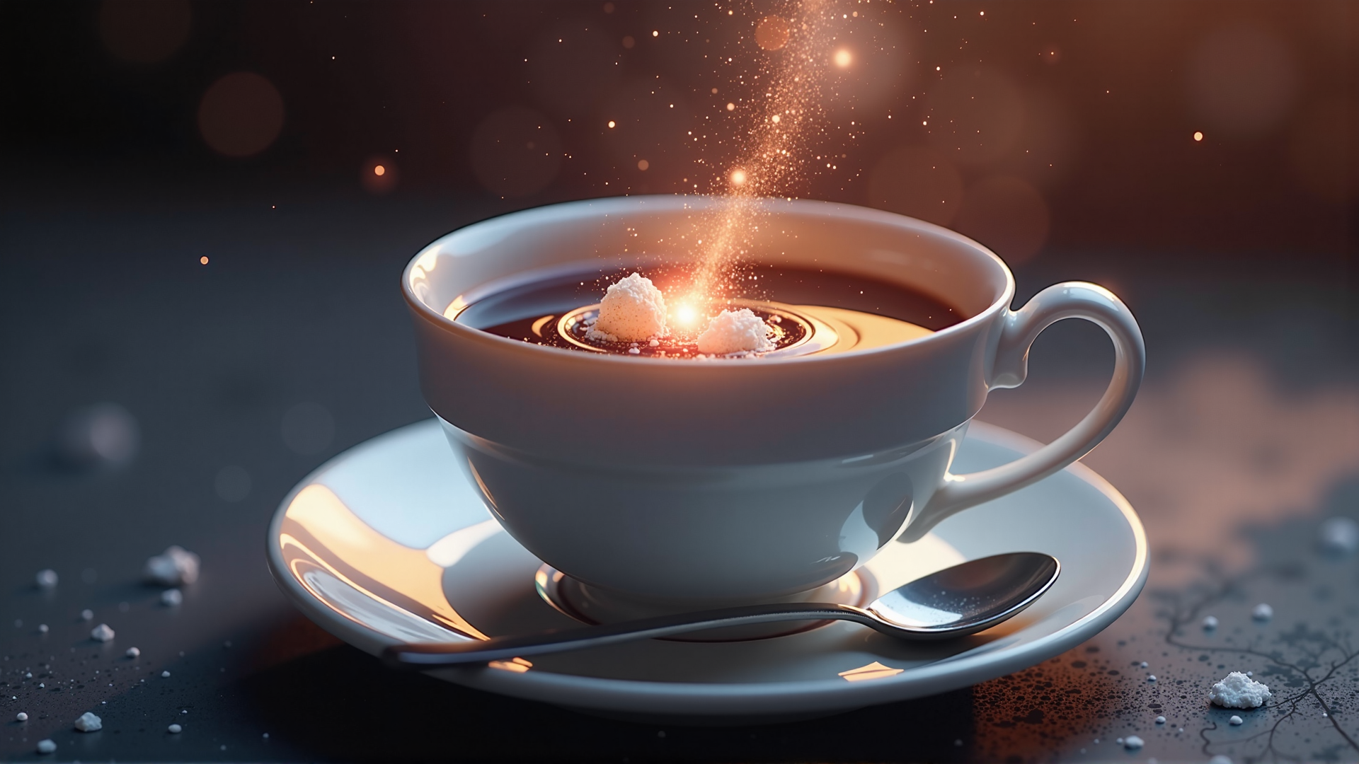 AI generated wallpaper featuring cup, sugar, spoon, sparkles, cocoa