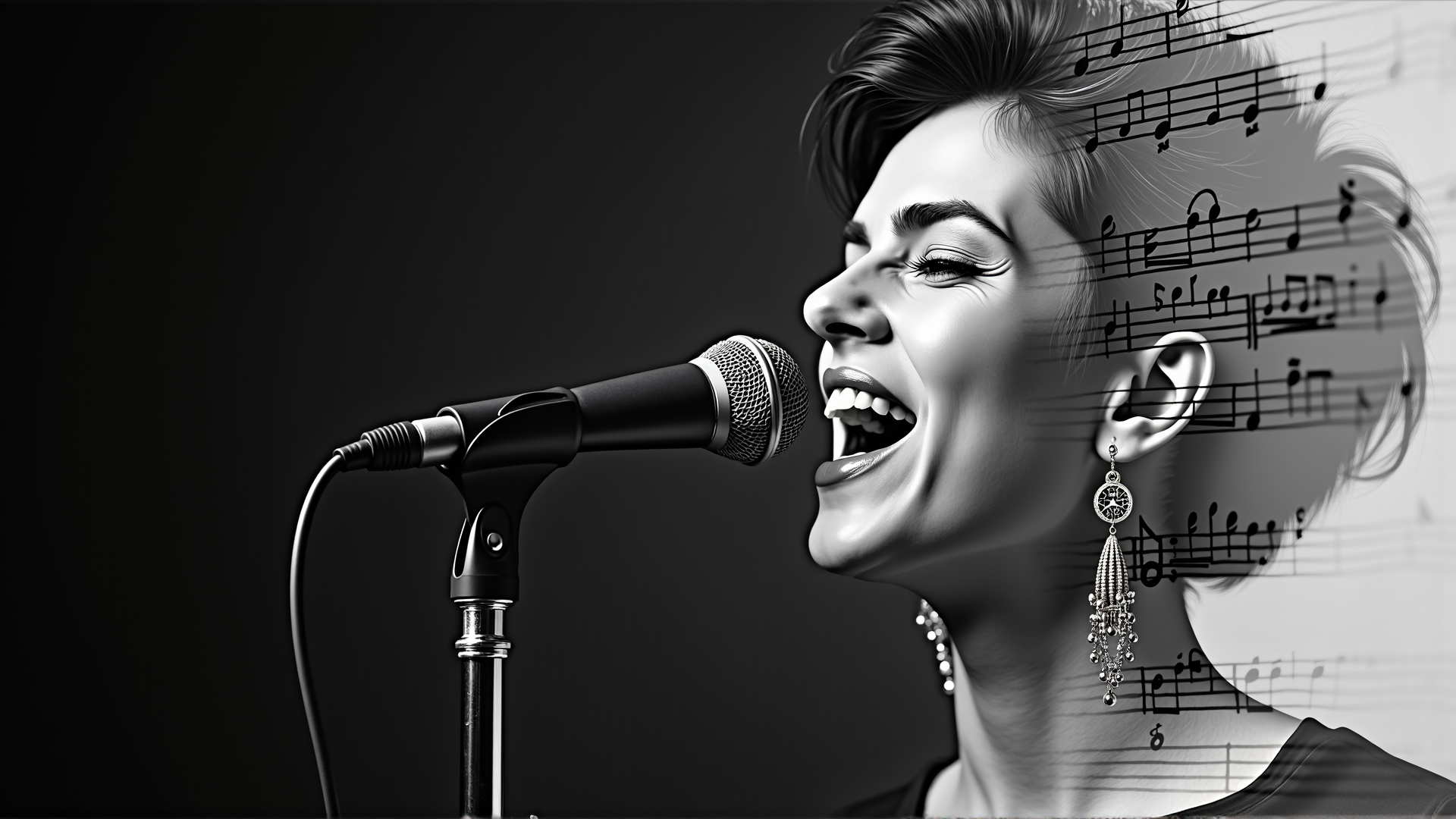 AI generated wallpaper featuring singer, microphone, music notes, earrings, necklace
