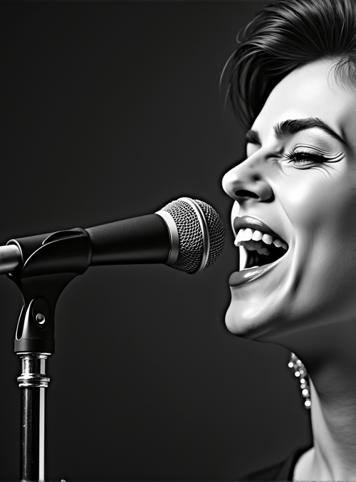 singer, microphone, music notes, earrings, necklace