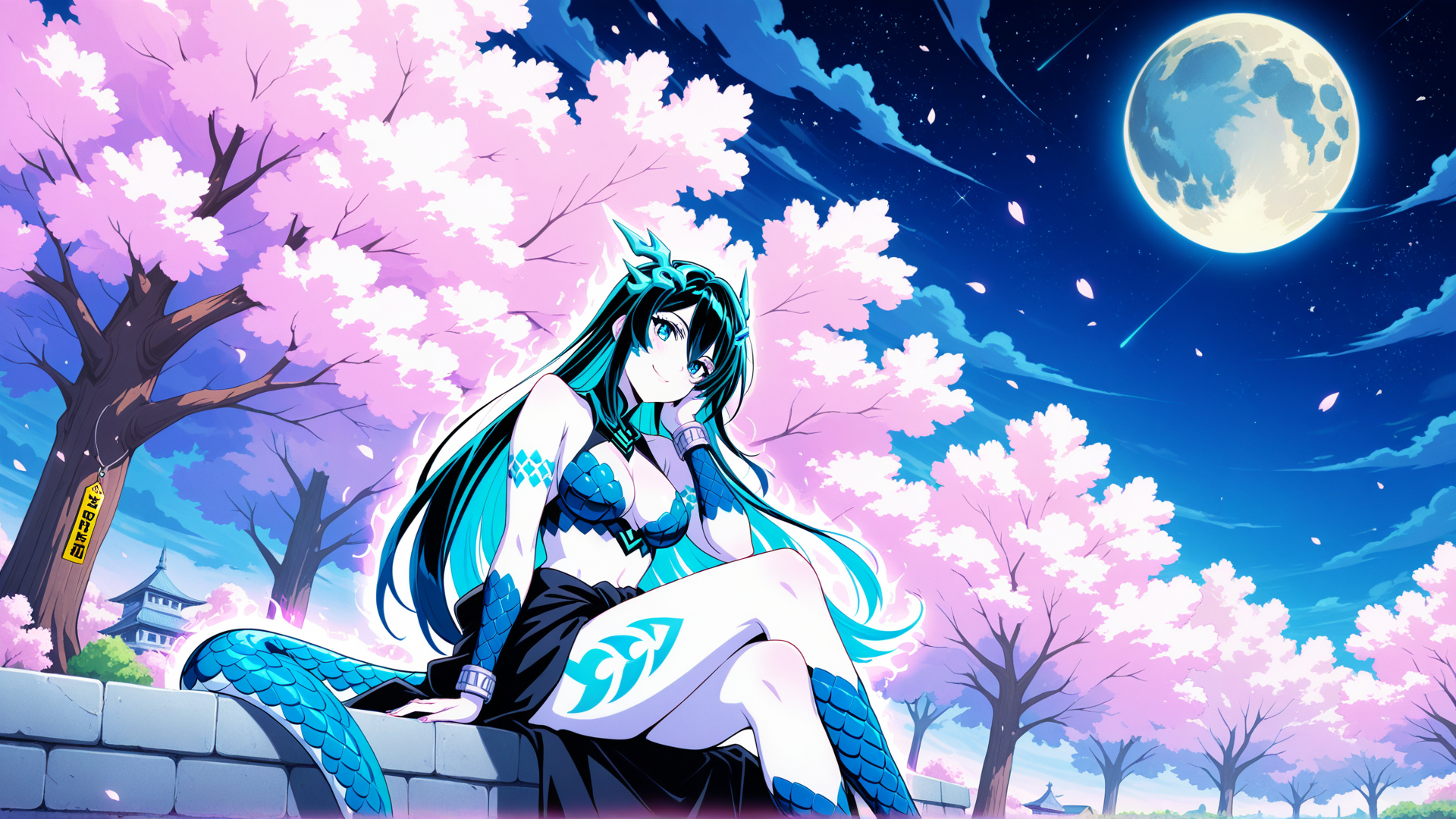 AI generated wallpaper featuring anime girl, cherry blossom, moon, dragon, tree, stone wall, japanese pagoda
