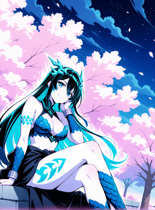 anime girl, cherry blossom, moon, dragon, tree, stone wall, japanese pagoda