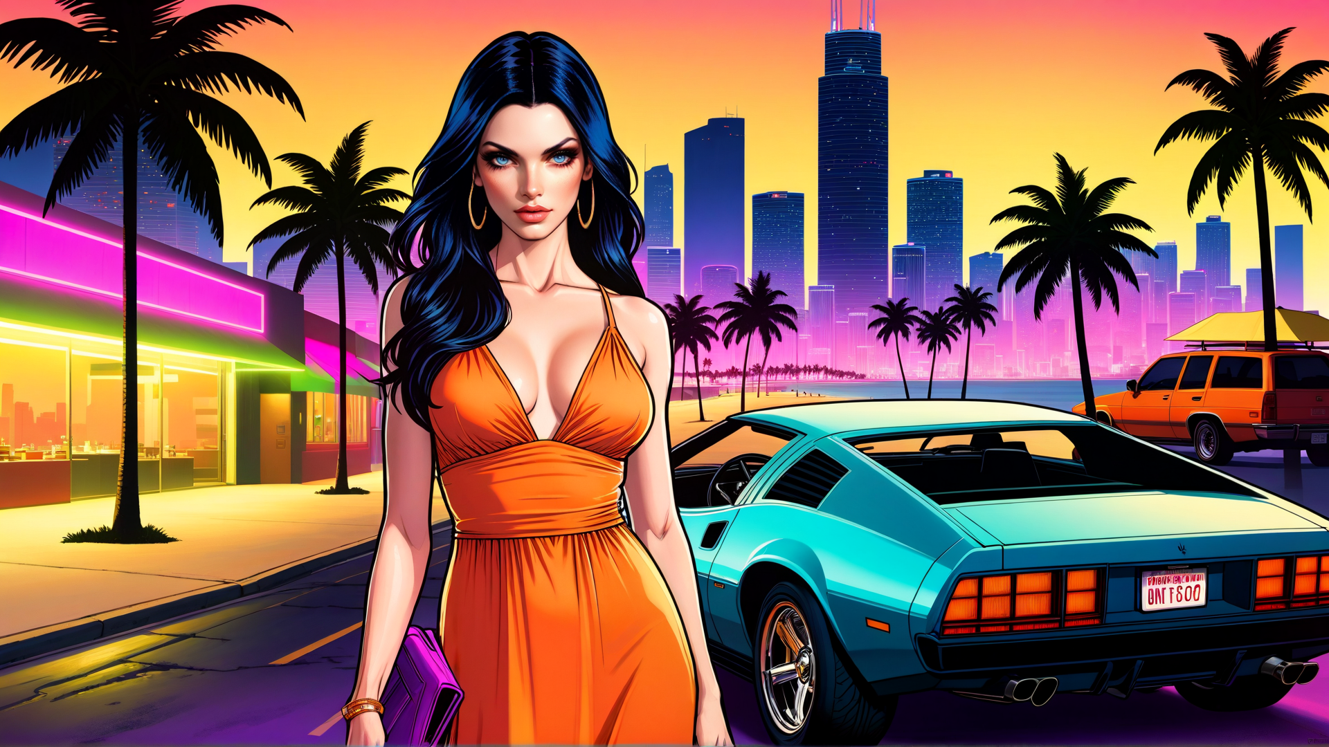 AI generated wallpaper featuring woman, car, palm tree, city, sunset