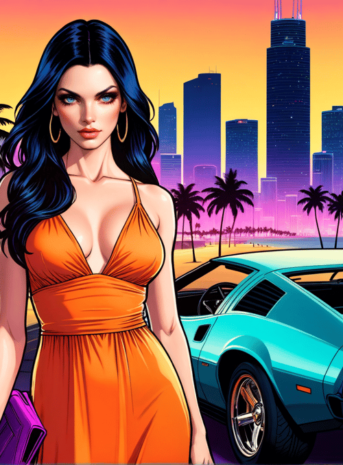 woman, car, palm tree, city, sunset