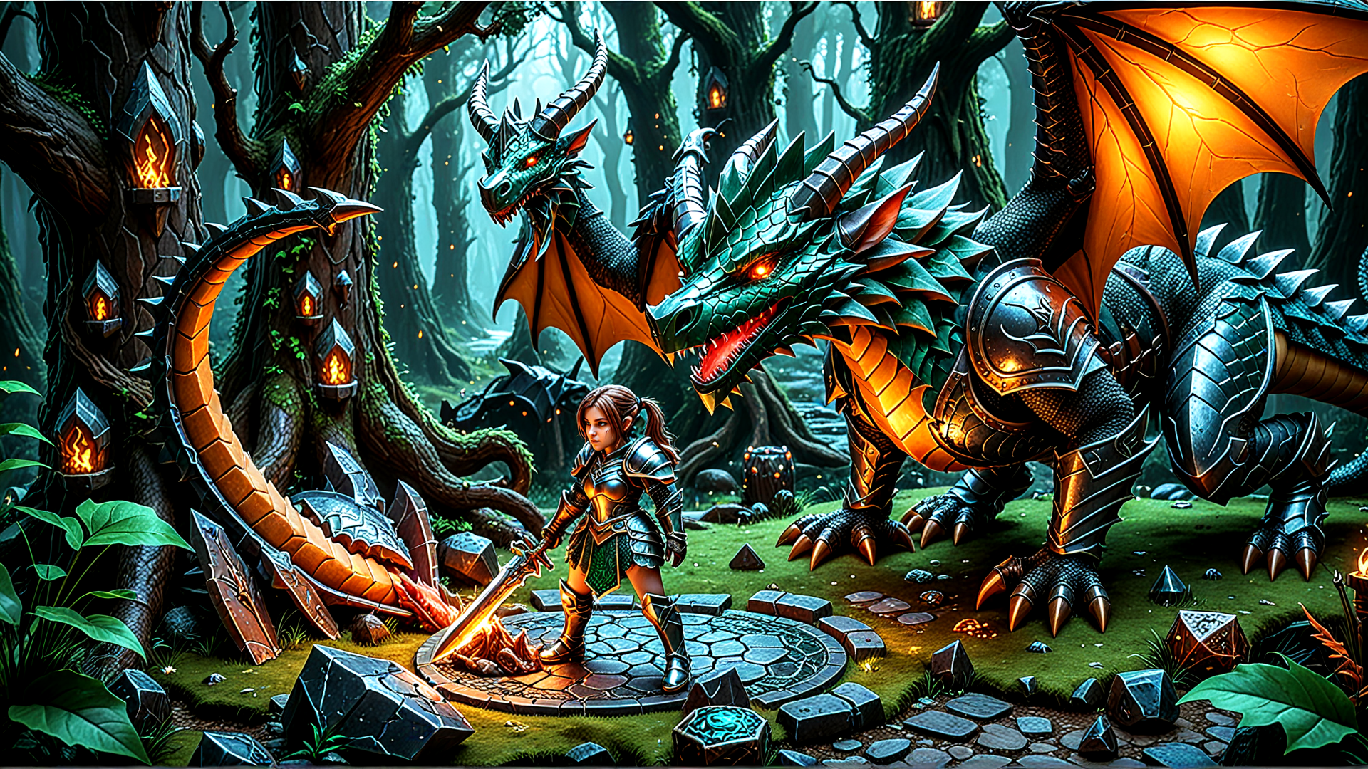 AI generated wallpaper featuring dragon, warrior, forest, tree, sword, armor, light, stone, fire, gem