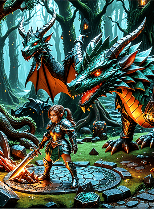 dragon, warrior, forest, tree, sword, armor, light, stone, fire, gem